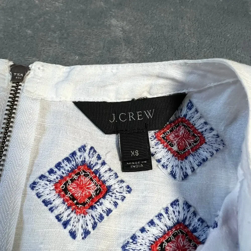 J. Crew Sleeveless V-Neck Embroidered Sunburst Dress Size XS Linen Cotton Boho